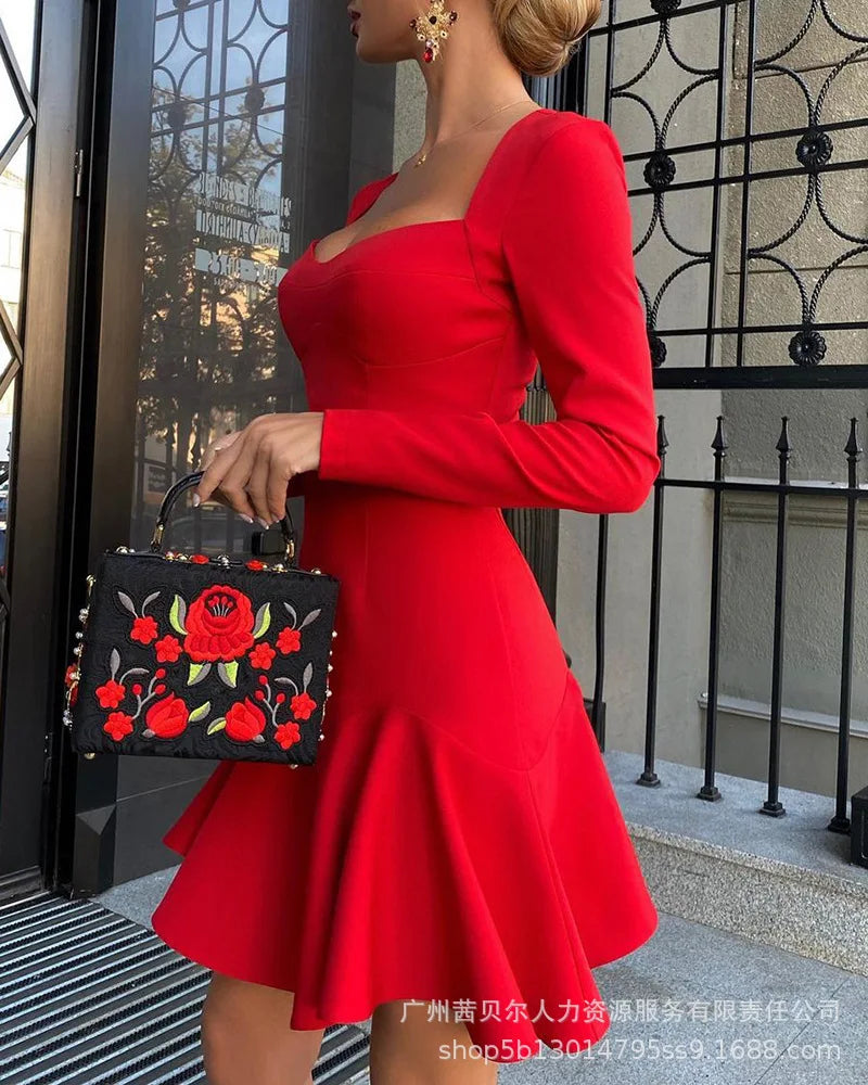 Flared Long Sleeve Dresses Women Square Neck Ruffled Swing Dress